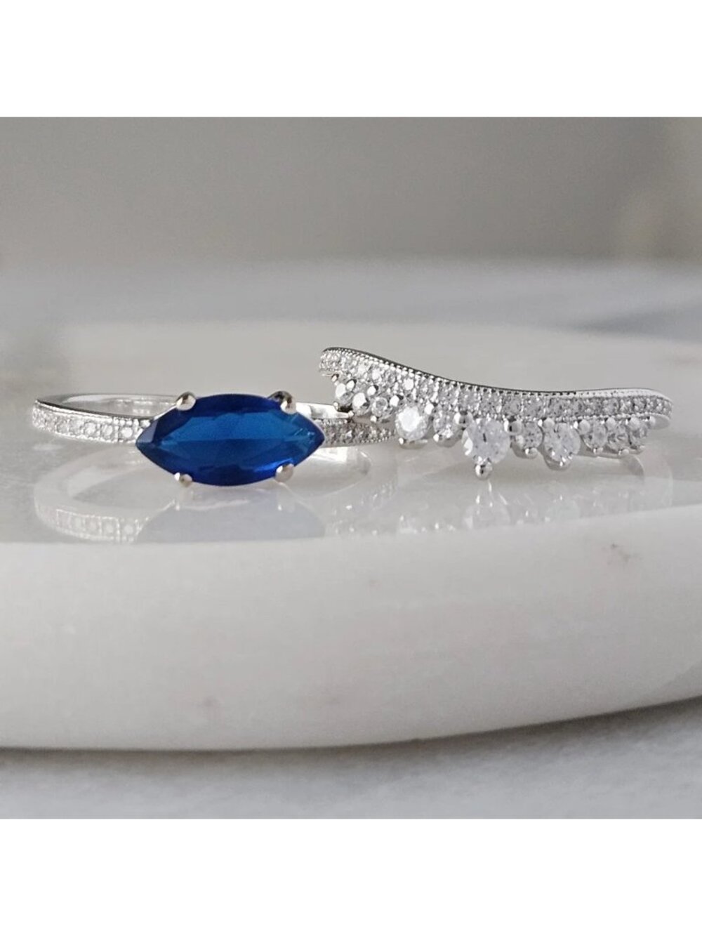 Marquise-cut Blue Sapphire ring set - 925 Sterling Silver Charmed Aroma - Picture 2 of 5